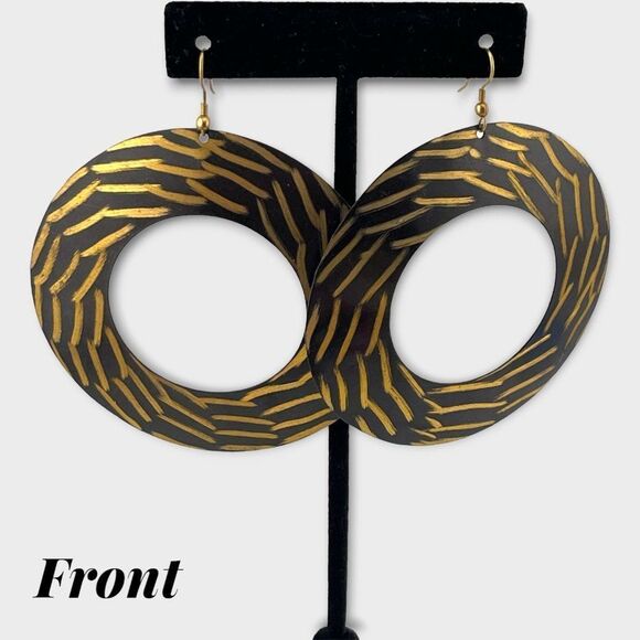 Vintage Gold-tone and Black Hoop Earrings Jumbo Earrings - Picture 3 of 8